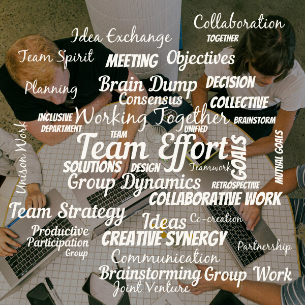 A team seated around the table, collaborating on a task. A word cloud is displayed as an overlay, with words like 'Team Effort', 'Communication', 'Participation', 'Decision'.