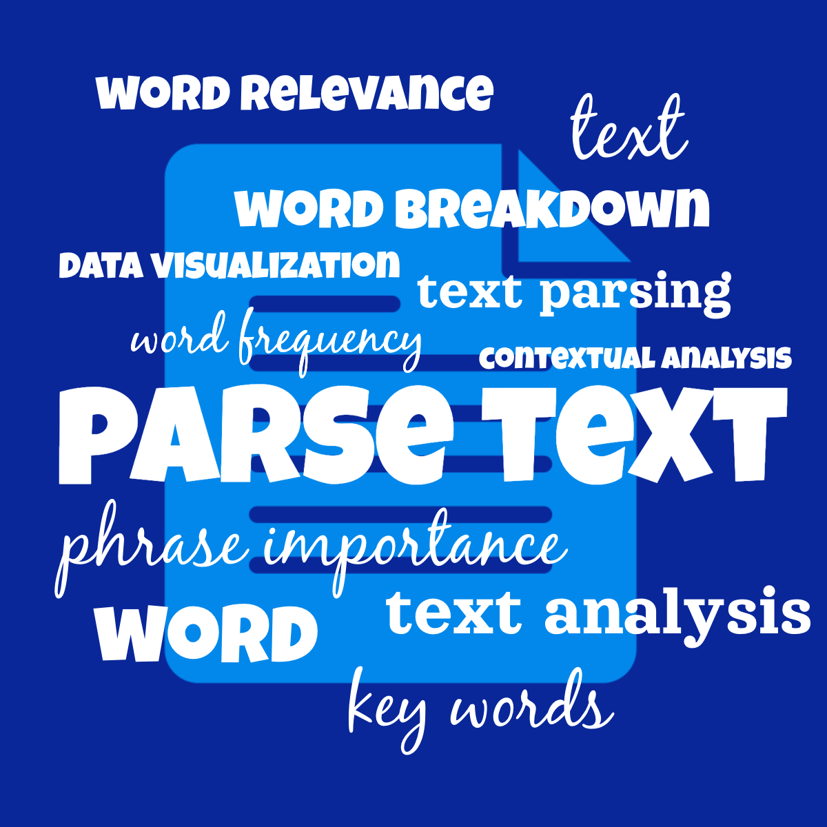 An open book on the left, with a word cloud on the right, with words such as 'text analysis', 'word extraction', 'word relevance'.